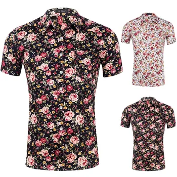 

KLV 2019 TOP Men's Fashion Printed Blouse Casual Short Sleeve Slim Shirts Tops flowers 12.18