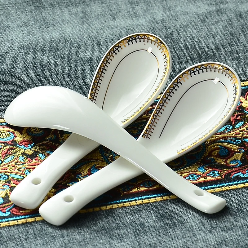

Gold bordered bone china, japanese style dinner dessert spoon, kitchen spoon white, mini ceramic scoop for dessert