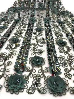 

Fabric beads African Embroidery Lace Fabric Mesh French Tulle Lace Fabric Handmade Of sequins And 3D Flower For Wedding green