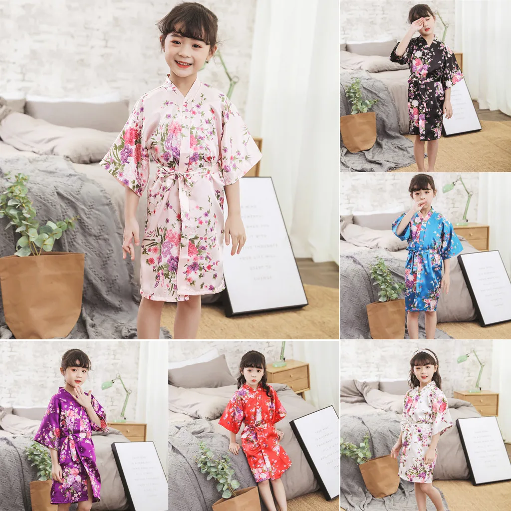 Детский банный халат, одежда для малышей Детская одежда для девочек с цветочным рисунком Шелковый атласное кимоно; наряд, одежда для сна, для девочек подходит для детей возрастом от 2 до 8 лет одежда подходящий для детей обоих полов, roupao infantil