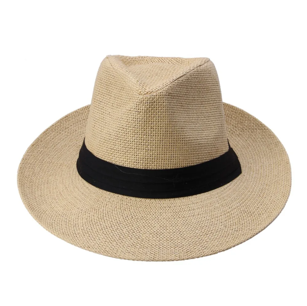 Hot  Fashion Summer Casual Unisex Beach Trilby Large Brim Jazz Sun Hat Panama Hat Paper Straw Women Men Cap With Black  Ribbon