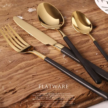 

KuBac 4Pcs/ Black Gold Cutlery Set Stainless Steel Western Food Tableware Sets Fork Steak Knife Dinnerware Set