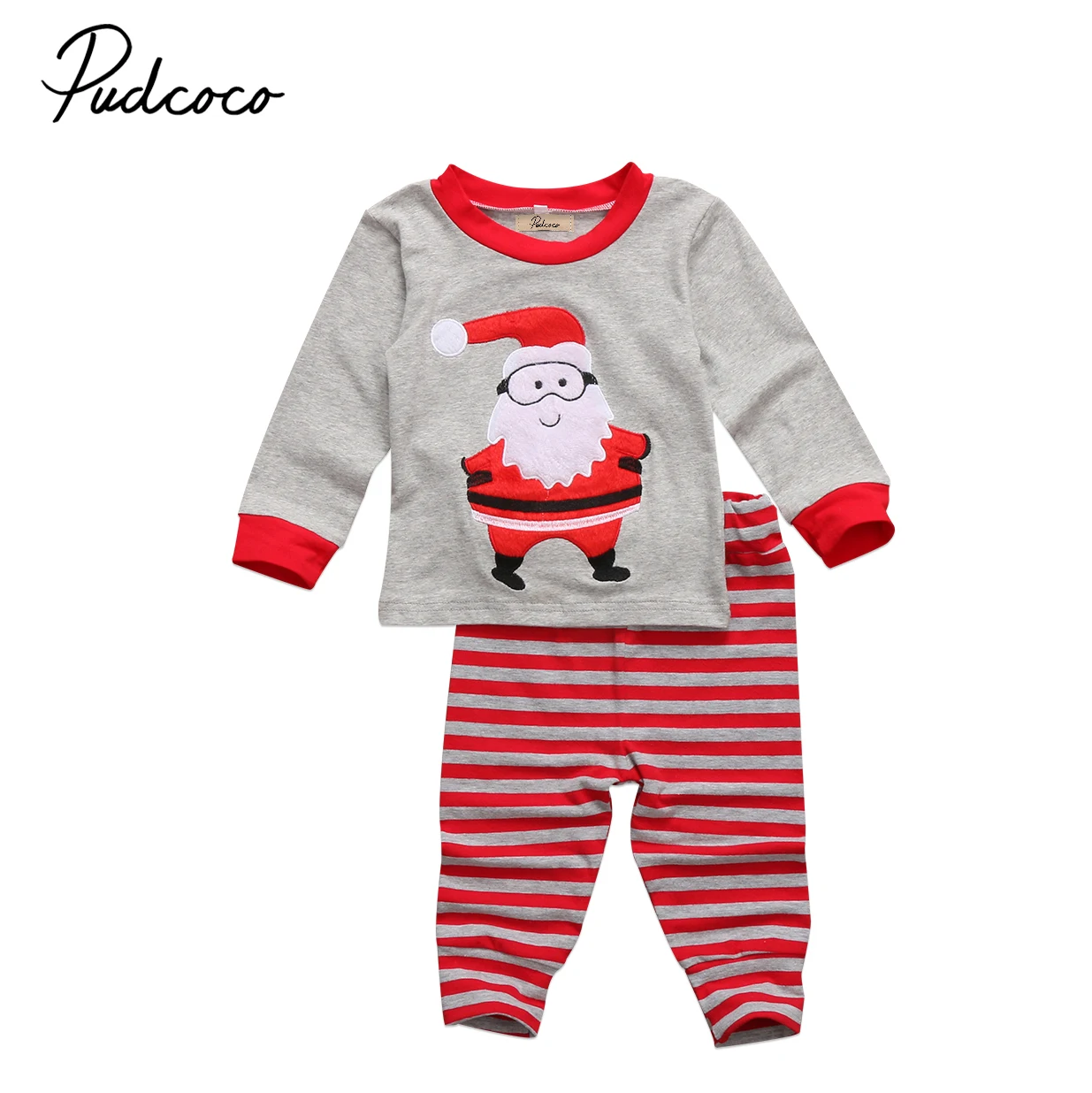 

2-7Y chiristmas kid baby clothes cute Santa Claus print T shirt top striped pants 2pcs children set cute xmas baby outfits D125