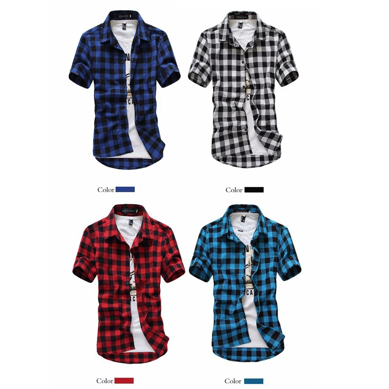 2018 3 Color Plaid Shirt Men Shirts New Summer Shirts+Loose Cargo Shorts matching Beach Casual Cotton Capris Short Pants belt