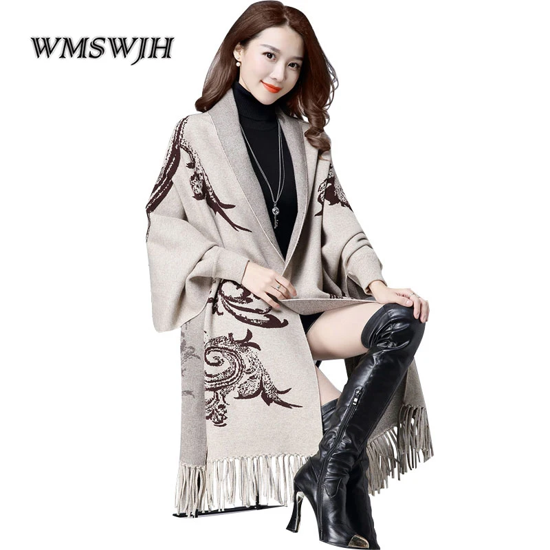 

Women's Elegant Cardigans Sweater cloak coat Loose Tassel Bat Sleeve Autumn Winter Cashmere Knitted Cardigan Sweater Scarf Cape
