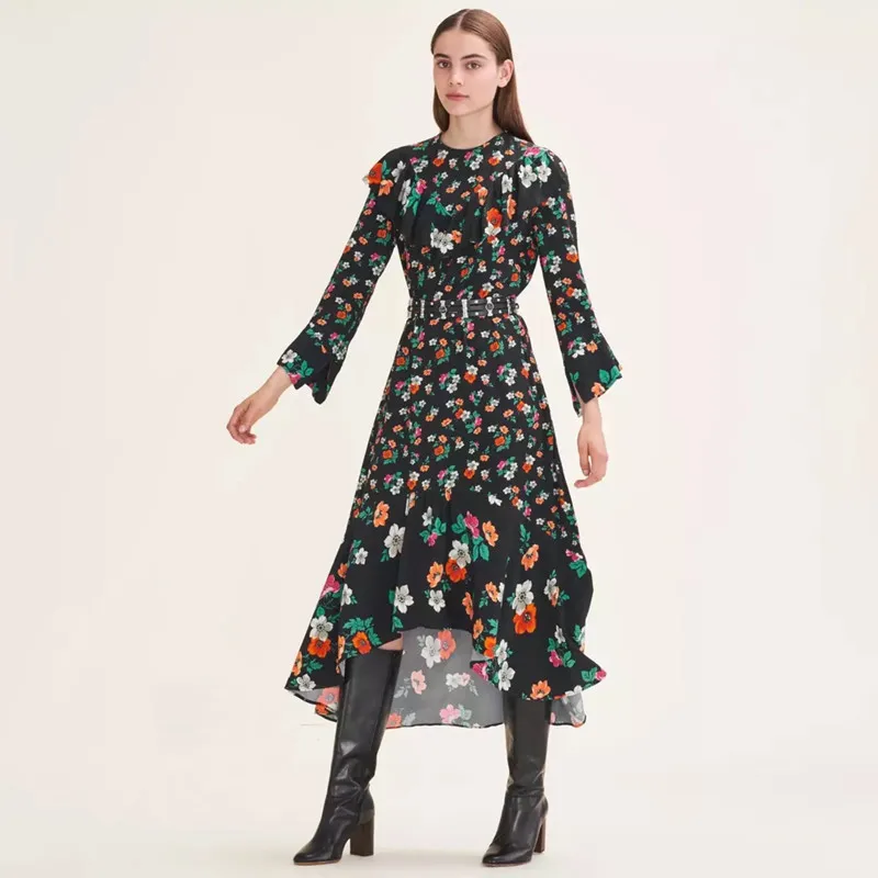 

2019 New Women Floral Print Dress Three Quarter Sleeve Viscose Asymmetric Ruffle Elegant Midi Dress