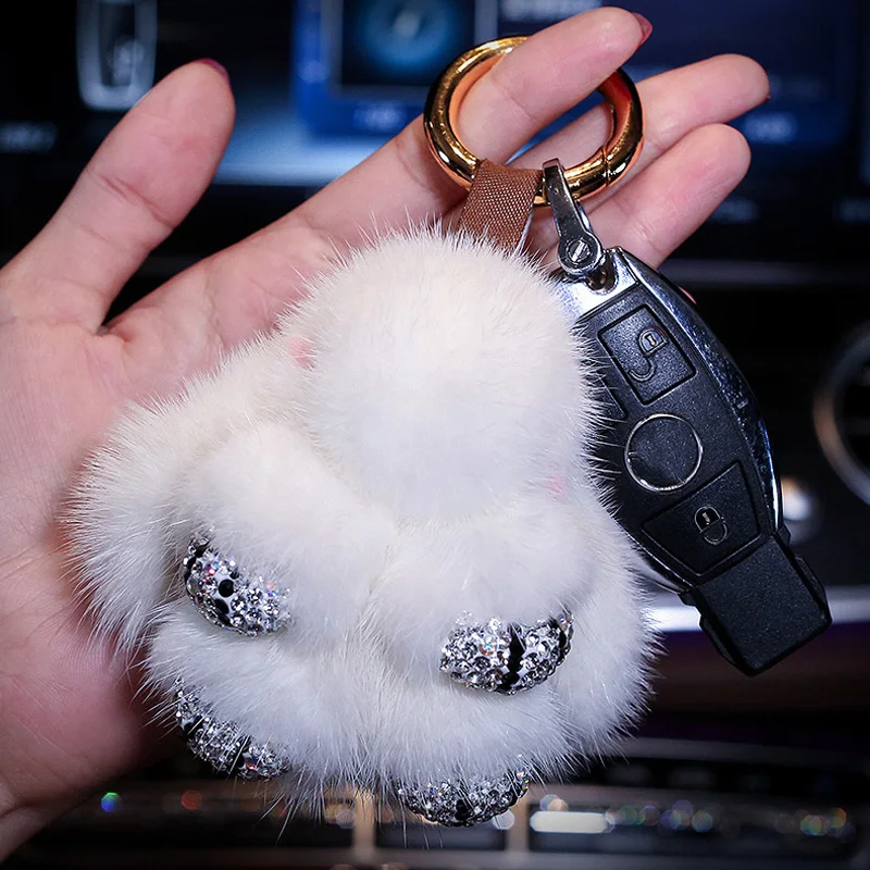 

Cute Cartoon Rabbit Fur Diamond Crystal Pom Pom Keychain Handbag Car Keyring Women Fluffy Mink fur Key Pendant Car Buckle Charm