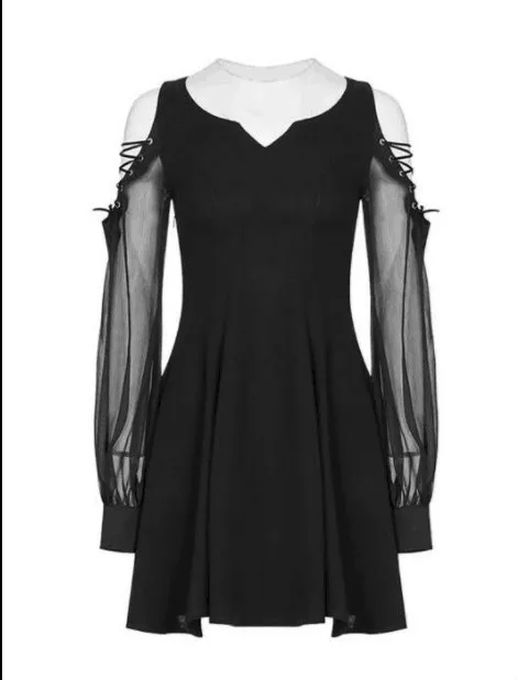 

New Summer Punk Fashion Dresses V Neck Dress Woman slim A-shaped Black Sexy Vestidos Long sleeves Hollowing out Dress 2019