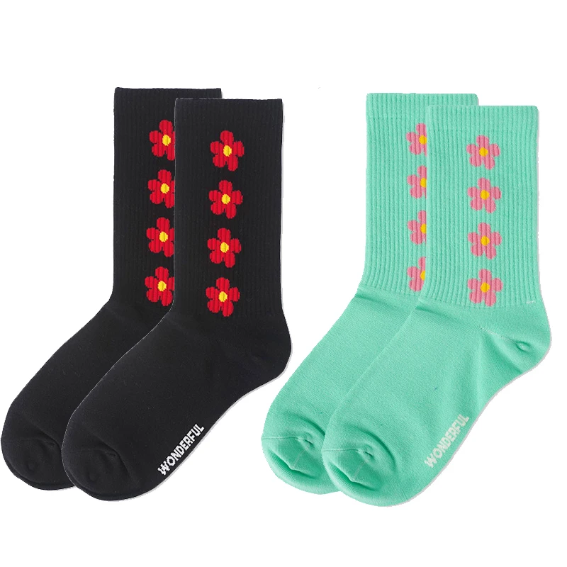 Funny 2 Pairs A Lot Women Socks Flowers Black Green Letters Sweet Casual New Design