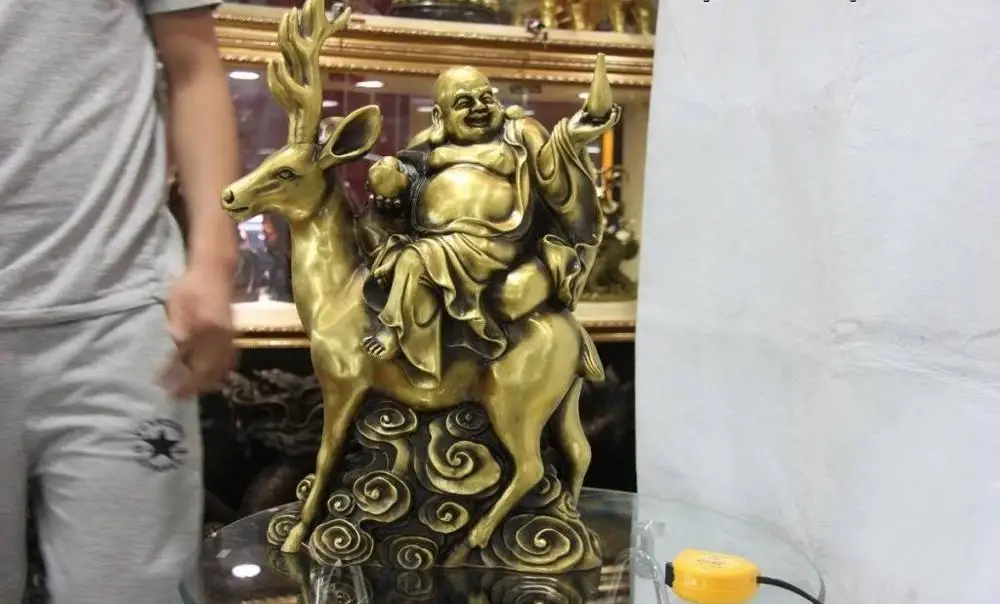 Китай Классическая латунь медь буддизм Arhat Maitreya Будда ездить на статуе оленя | Дом