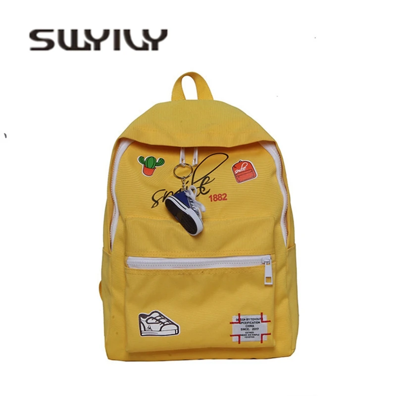 SWYIVY Backpack Canvas Bag Girl Student Print Backbag Large Capacity School Bag Woman Double Should Backpacks Bags Yellow Red