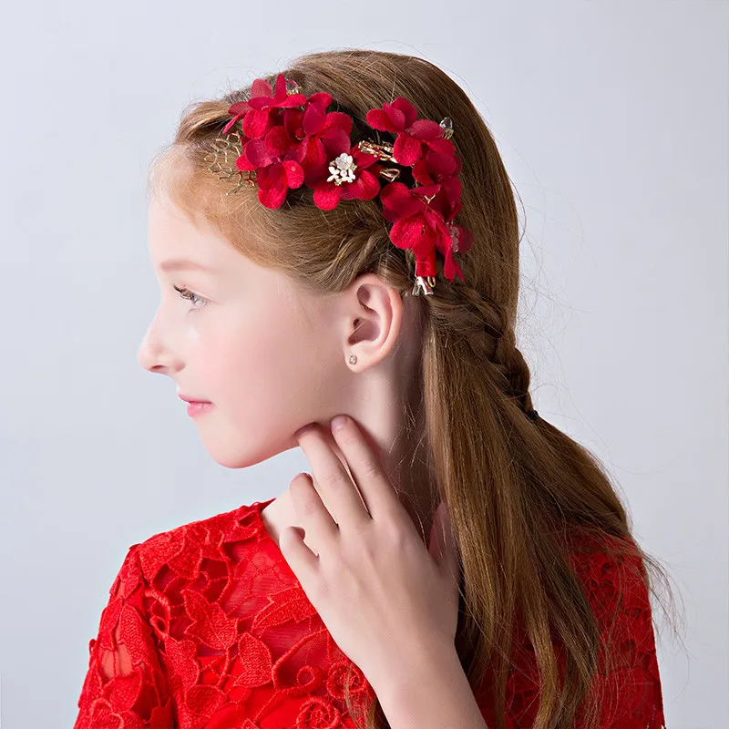 Red Flower Hair Clips for Girls Alloy Barrettes Flower Girl Wedding