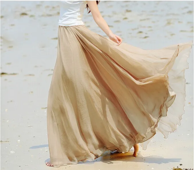 Лето г. пляж Богемия длинная юбка из шифона расклешенным подолом Макси-юбка из шифона с эластичная талия, длиной в Пол шелковые юбки