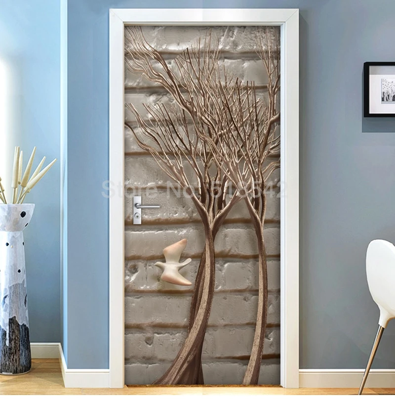 77x200 см 3D наклейка на дверь для гостиной спальни ветка дерева ПВХ Самоклеящиеся обои домашний декор водонепроницаемые настенные наклейки с росписью