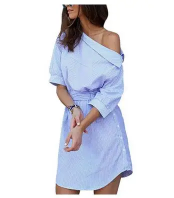 

30pcs/lot fedex fast one Shoulder Striped Summer Dress Women Sexy Side Split Elegant Half Sleeve Waistband Casual Dress