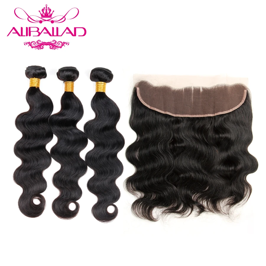 Aliballad Human Hair Bundles With Closure 3 Bundles Brazilian Body Wave With 13x4 Lace Frontal Closure Non Remy Hair Extensions body-wave