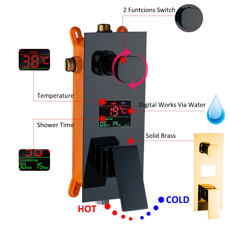 Quyanre 2-Functions Black Digital Shower Faucets Se Rainfall Shower Head 2-way Digital Display Mixer Tap Conceal Bathroom Shower