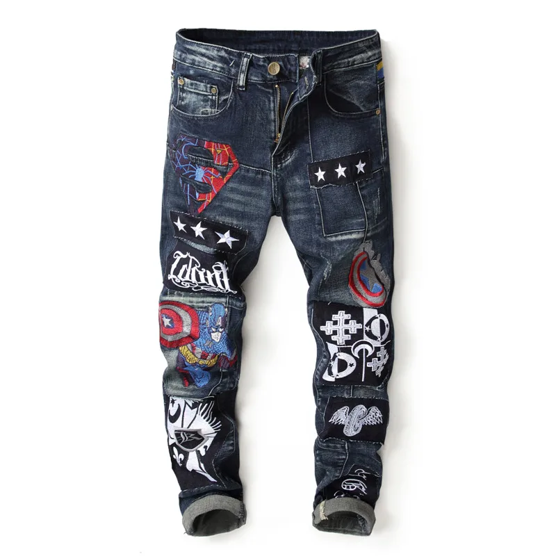 

2019 Embroidery Captain America badge Patchwork mens jeans luxury Men straight denim trousers zipper Slim blue jeans 8022#