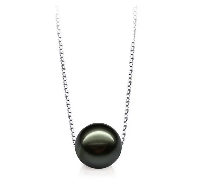 

Huge 13mm Natural tahitian genuine black perfect round pearl necklace pendant nr