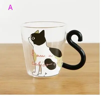 Персональный стеклянный стакан для воды в Корейском стиле японский Стиль 3D и принтом «кошка» жаростойкий молочный чашка, сок кружка теплоизолированные кофейные кружки 8,5 oz - Цвет: A