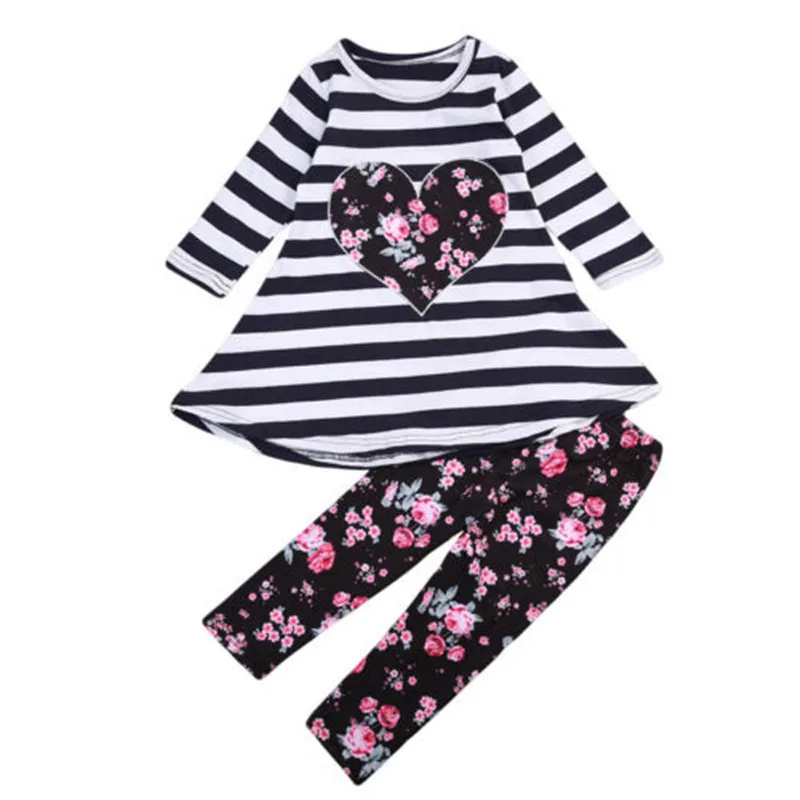 

Toddler Happy Baby Girl Clothes 2pcs Long Sleeve Cotton Striped T-shirts Floral Pants Outfits Set Children Clothing Lx