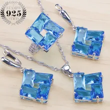 Синий циркониевый свадебный ювелирный набор ожерелье камень серьги кольцо для женщин серебро 925 Ювелирный свадебный набор подарочная коробка