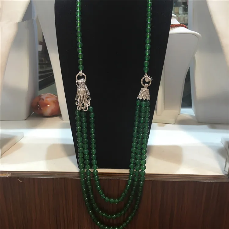 Women's new 8mm green stone multi-layer long sweater chain dragon tap micro inlay zircon clasp necklace fashion jewelry | Украшения и