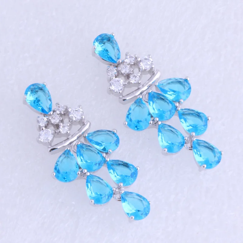 

Love Monologue Paved Blue Sky Crystal & White Cubic Zirconia Silver Color Drop Earrings for Women J0465 Free Fast Shipping