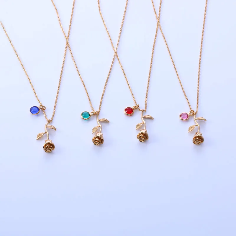 3d rose necklace gold color personalized custom birthstone charm