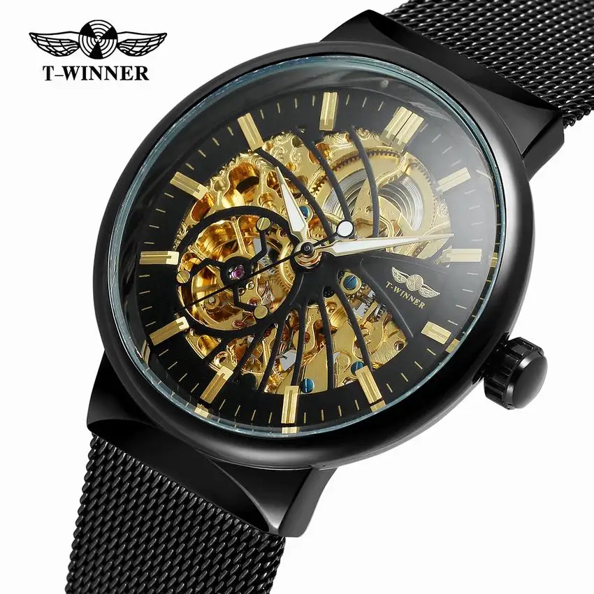 

WINNER Black & Gold Skeleton Men's Mechanical Watch Fine Carving Mesh strap Man Clock Casual Self-Wind Transparent Wrist Watch