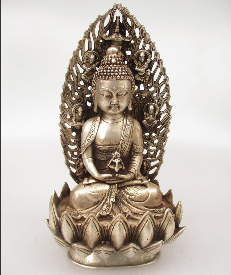 

Antique antiques Collectible Decorated Old Handwork Tibet Silver Carved Buddha Sitting on a Lotus with Screen Statue/ Sculpture