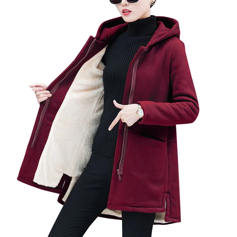 

2019 New Autumn Thicken Plus Velvet Jacket Female Long Sleeve Loose Hooded Long Spring Coat Feminino Abrigos Mujer Outerwear L27