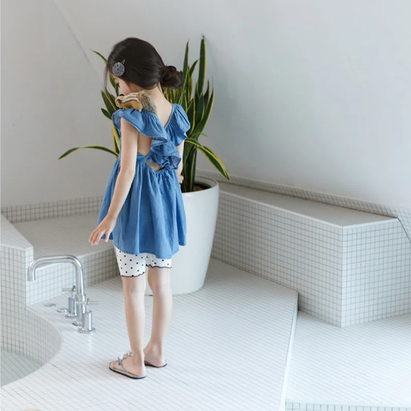 

2019 New Kids Shirt Korean Girls Jeans Tops Back Crossing and Backless Fashion Baby Princess Ruched Cute Tops,#3997