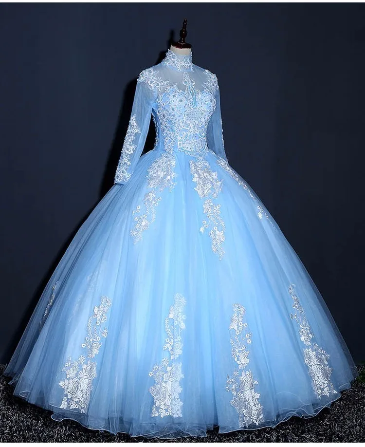 Vestido de Novia, мусульманское свадебное платье с длинным рукавом, бальное платье, свадебное платье с высоким воротом, голубые кружевные свадебные платья с аппликацией