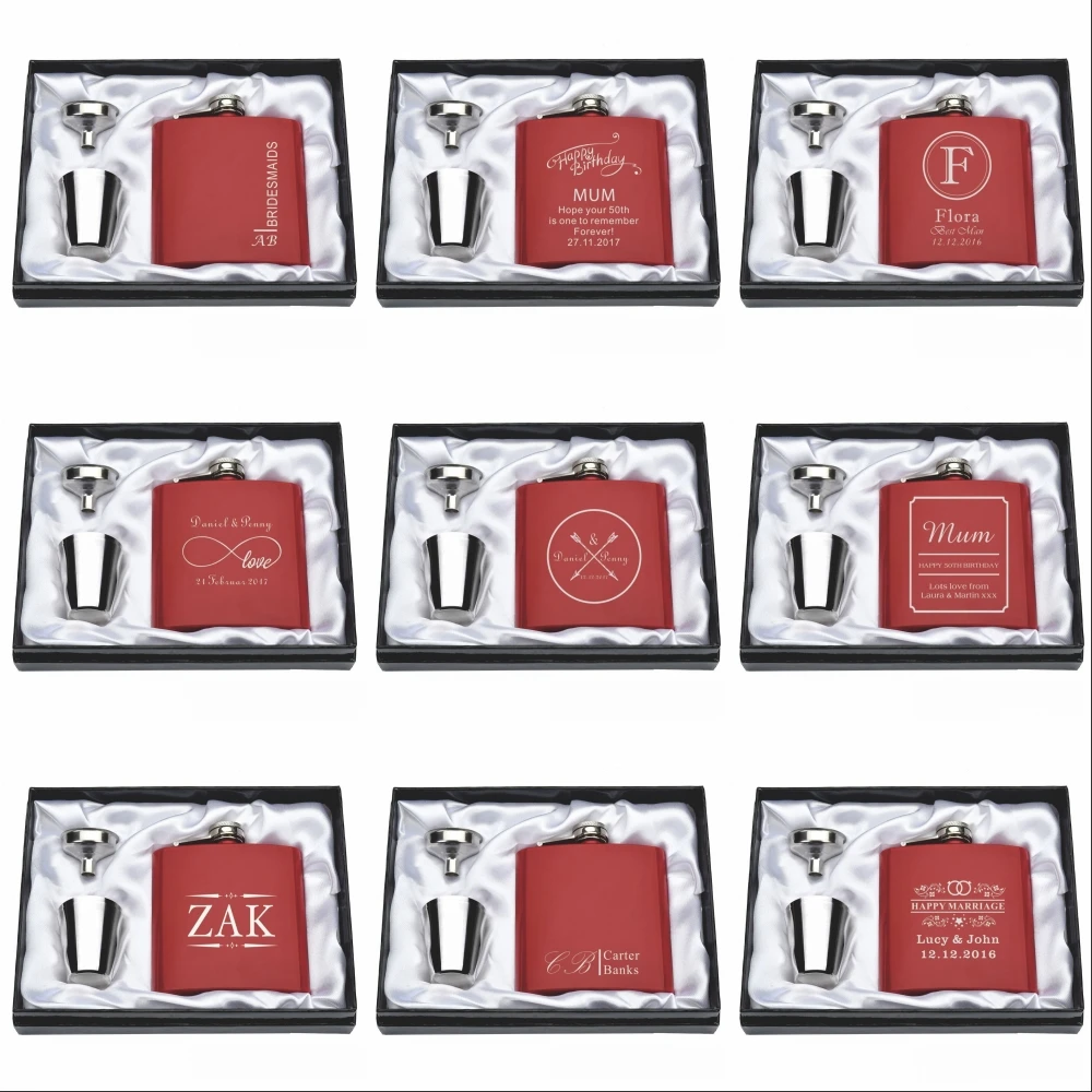 1 Set personalizované Engraved 6oz Red Hip Baňka z nerezové oceli s bílou a černou krabičkou Narozeniny Valentýn Dárkové svatební favorit