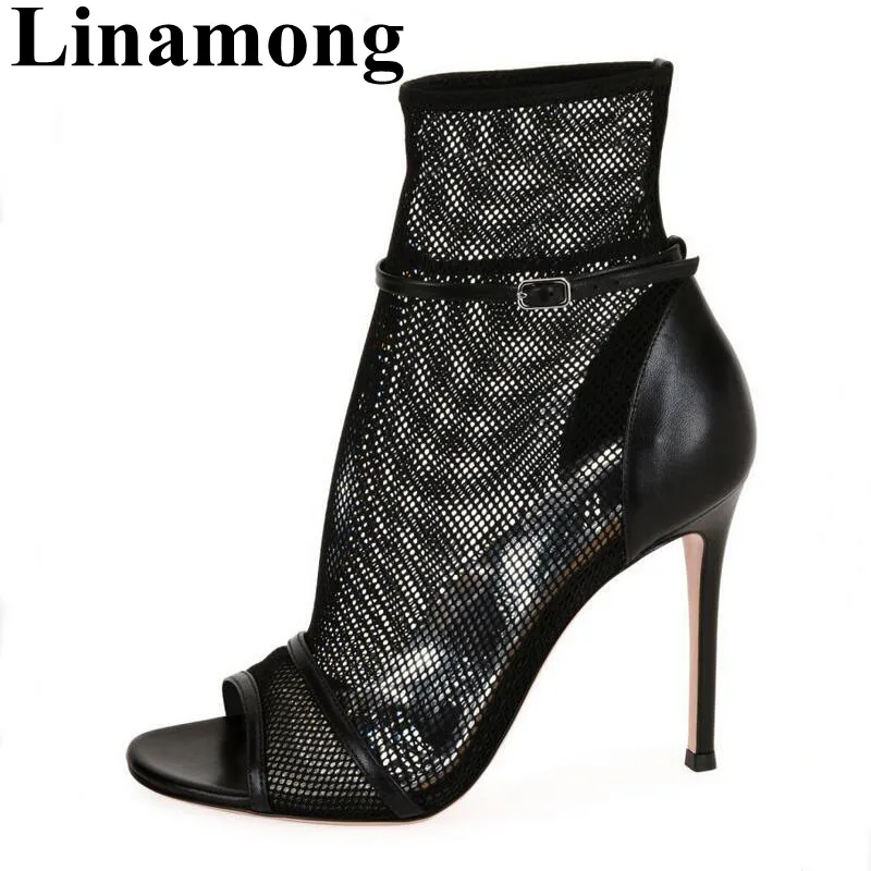 

2019 Nesest Women Black Mesh Sexy Peep Toe And Thin High Heel Buckle Decoration Spring Fashion High Heel Women Ankle Boots
