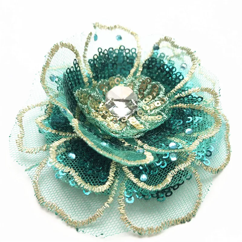 

8CM Embroidery 3D Green Flower Head Sew On Patch Sequin Mesh Lace Trims Multilayered Trimmings For Wedding Appliques Dress