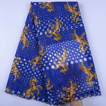 

2019 Royal Blue High Quality Embroidery Guipure Water Swiss African Milk Silk Cord Soluble Print Lace Fabric For Dress Y1440