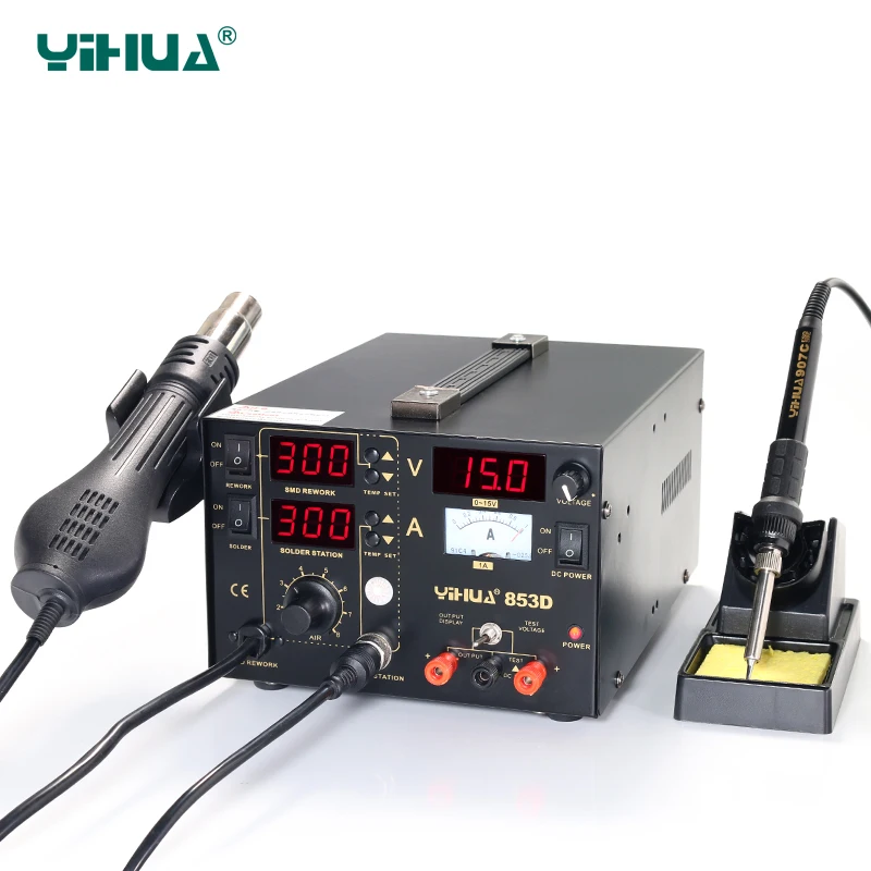 

YIHUA 853D Temperature Control Soldering Iron Station Hot Air Station 3 In 1 Soldering Station With DC 1A Power