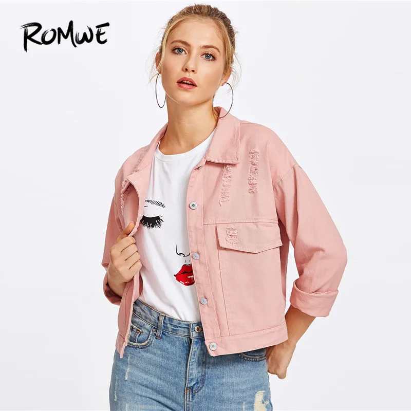 ROMWE Pink Single Breasted Ripped Denim Jacket Women Lapel Jean Jackets 2018 Casual Long Sleeve Street Jacket ROMWE Pink Single Breasted Ripped Denim Jacket Women Lapel Jean Jackets 2018 Casual Long Sleeve Street Jacket