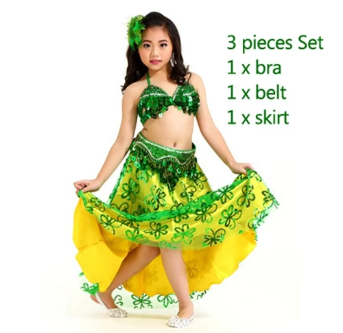 Детская профессиональная одежда для танца живота, 3 предмета, Восточный Костюм, бюстгальтер, пояс, юбка для девочек, костюм для танца живота, комплект для детей - Цвет: Green bra belt skirt