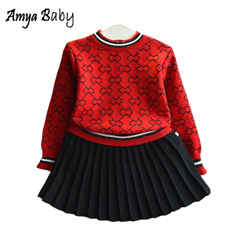 Amya Baby Toddler Girl Winter Outfits Knitted Sweater + Pleated Skirt 2pcs Autumn Girls Clothing Set Christmas Girls Outfit Sets Amya Baby Toddler Girl Winter Outfits Knitted Sweater + Pleated Skirt 2pcs Autumn Girls Clothing Set Christmas Girls Outfit Sets