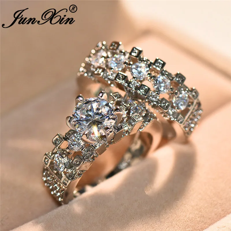 

JUNXIN Boho Bridal Sets Wedding Rings For Women 925 Silver Round White Zircon Stone Promise Engagement Ring Fashion Jewelry