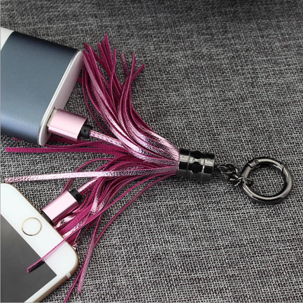 

10 PCS USB mini date line Leather tassel Keychain fast charger Metal keyring cord charging adapter for Android for IPh