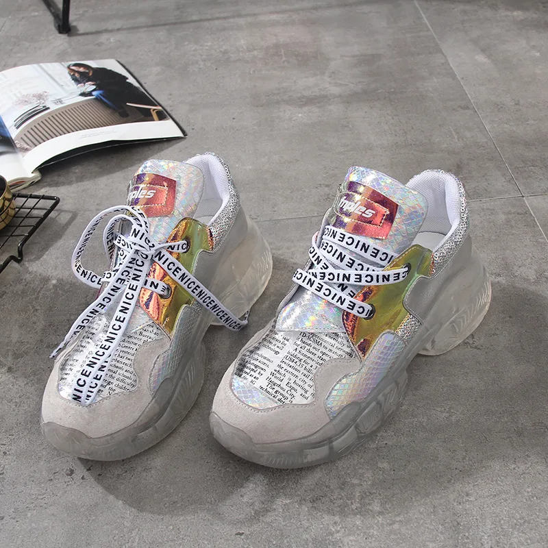 

Casual Shoes Women Chunky Sneakers zapatos de mujer 2019 Spring New chaussures femme Ladies Platform footware Patchwork Silver