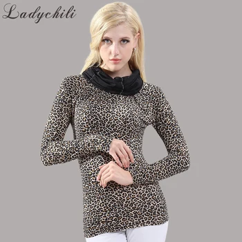 

Ladychili Women Spring Autumn Heap Collar with Diamonds Full Leopard Long Sleeve Spandex Tops Basic Sexy T Shirts Women T105