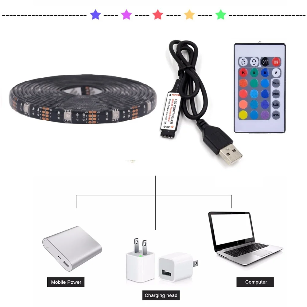 DC 5 в USB Светодиодная лента 5050 водонепроницаемый RGB гибкий светодиодный светильник 50 см 1 м 2 м 3M 4M 5 м 24Key пульт дистанционного управления для телевизора подсветка ночной Светильник