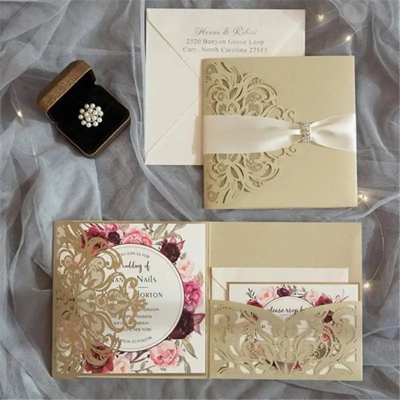  10 Pieces Tri-Fold Laser Cutout Openwork Flower Wedding Invitation Card Set Postcard High-end Busin - 32954846240