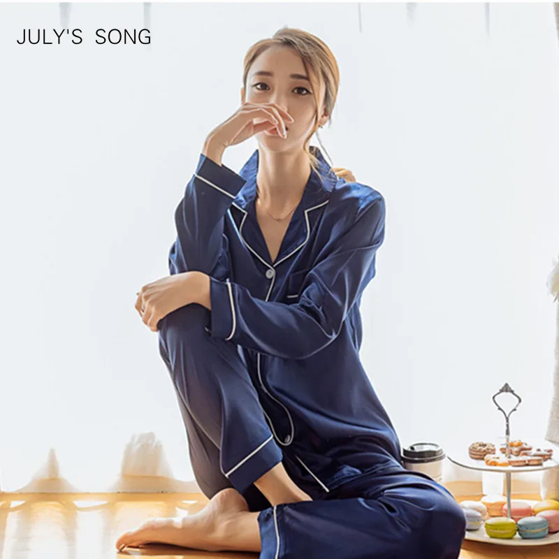 

JULY'S SONG Women Faux Silk Satin Pajamas Set Long Sleeve Sleepwear Pajamas Suit Female Sleep 2 Piece Autumn Winter Homewear