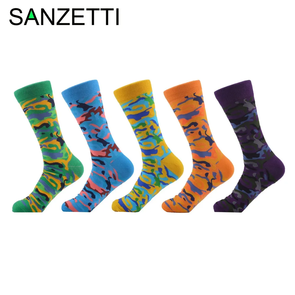 SANZETTI 5 paare/los Neuheit männer Gekämmte Baumwolle Socken Bunte Camouflage Muster Lustige Casual Kleid Crew Socken UNS 7,5- 12